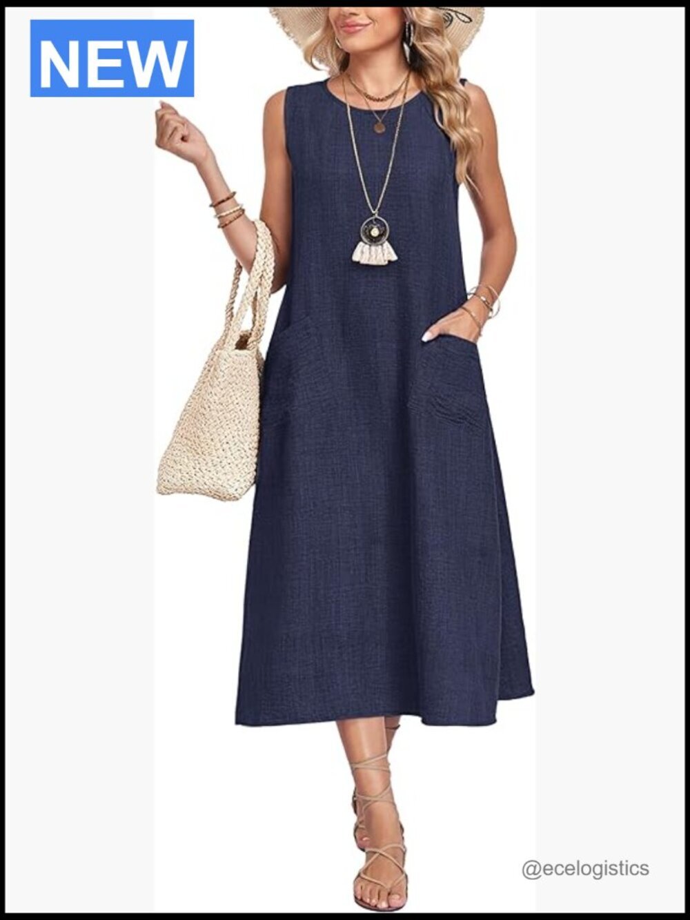 Sleeveless Midi Sundress with Pockets Crewneck Lightweight Casual Summer